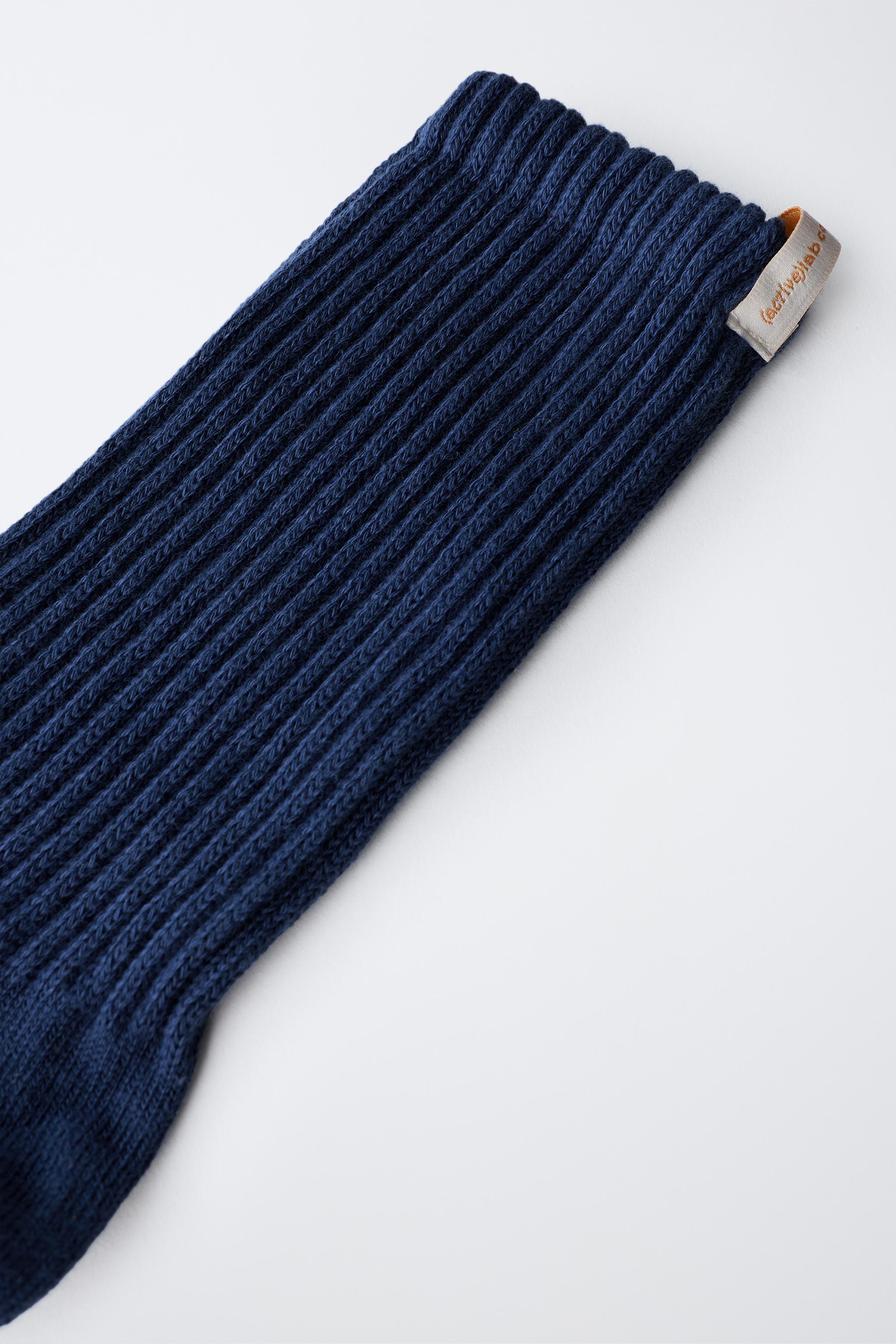 RIBBED MID-CALF SOCKS WITH LABEL — Navy blue