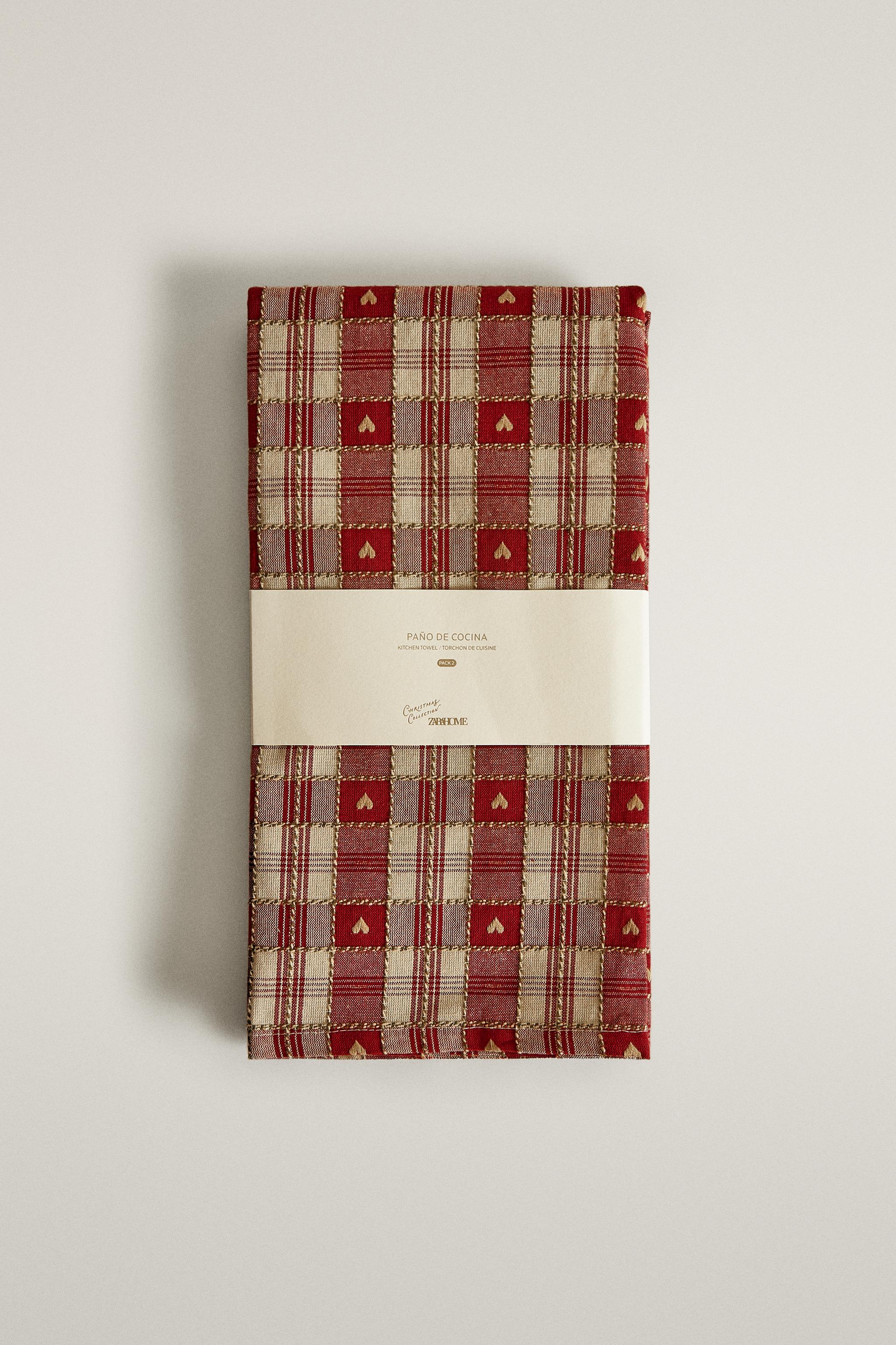COTTON CHECK HEART CHRISTMAS KITCHEN TOWELS (PACK OF 2)