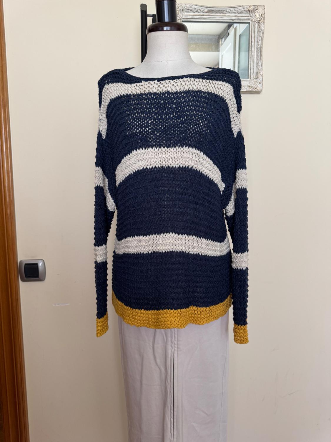 Front view of a blue, white and yellow striped crew neck, long-sleeved jumper.