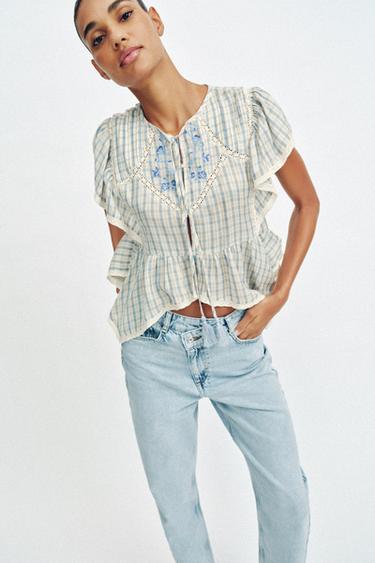 CHECKED TOP WITH EMBROIDERED LACE - Blue/White by Zara