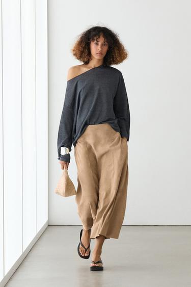 Zara Suede flared midi skirt with sash - Sand