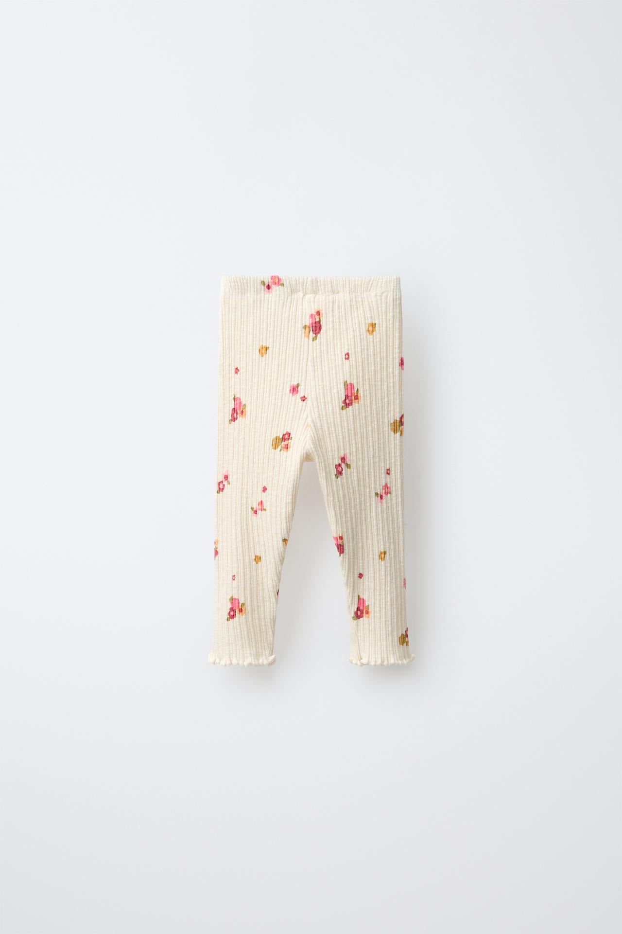 FRUIT PRINT RIBBED LEGGINGS — Light ecru