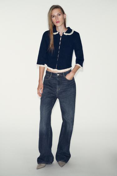 Zara CARDINGAN WITH RUFFLE COLLAR AND LACE TRIM - Navy blue