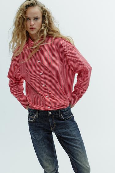 CAMISA OVERSIZE POPELÍN CUADROS - Blanco / Rojo de Zara