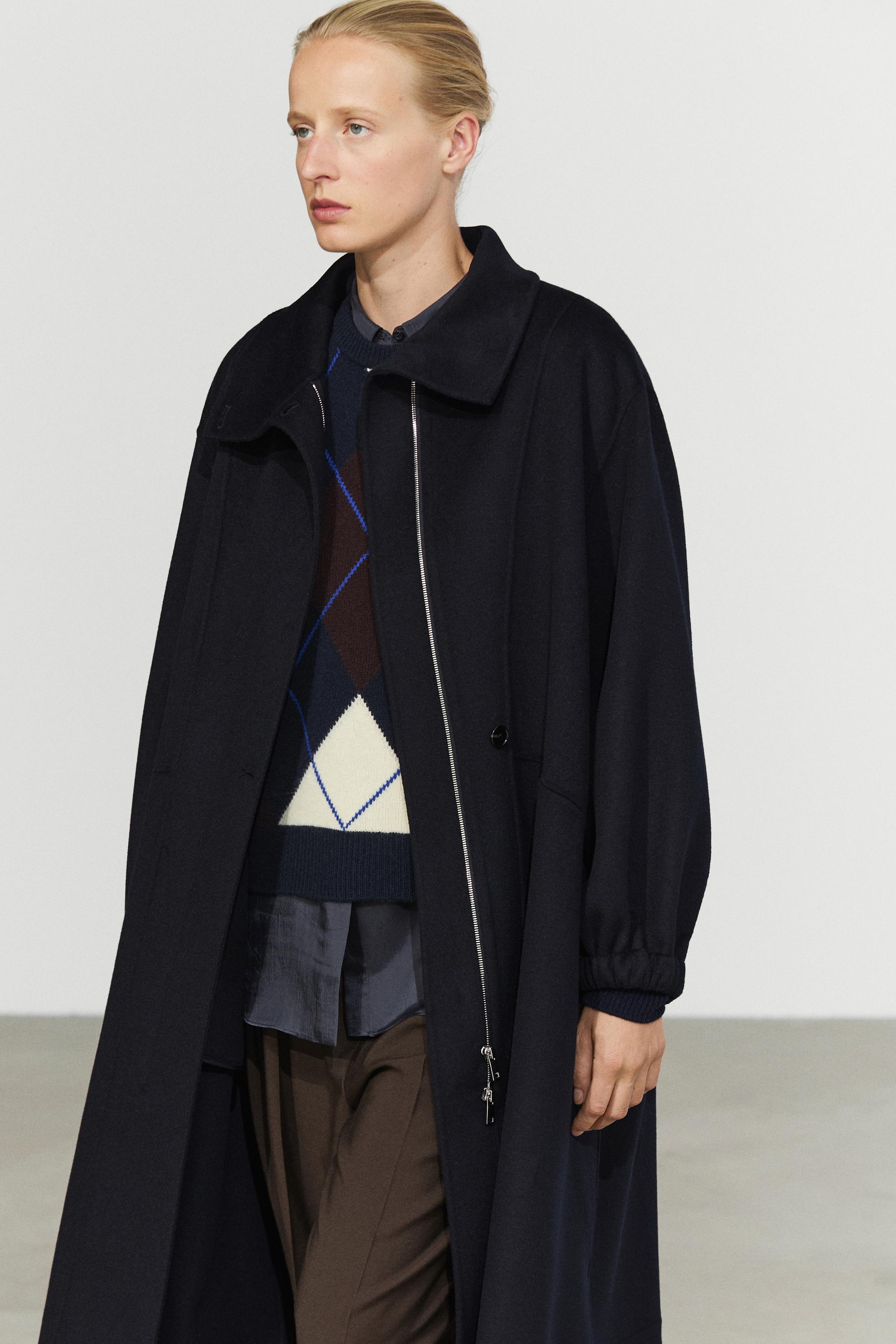 Long wool blend high-collar parka — Navy blue