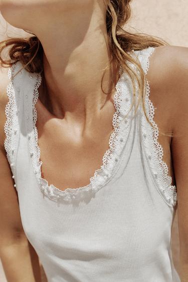 TOP WITH FAUX PEARLS AND LACE - Oyster-white by Zara