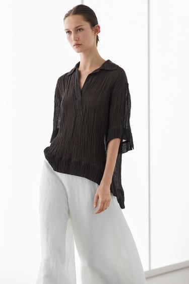 Blusa polo fluida mezcla lino - Marrón de Zara