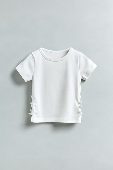 Zara RIBBED CUT OUT BOW T-SHIRT - White