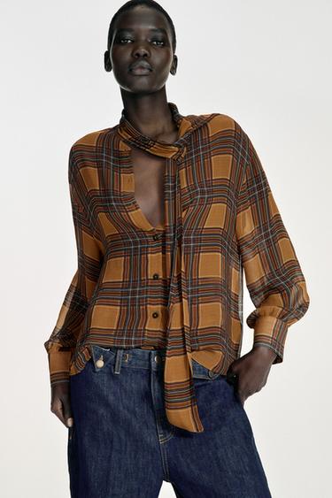 CAMISA LAZADA CUADROS - Mostaza de Zara