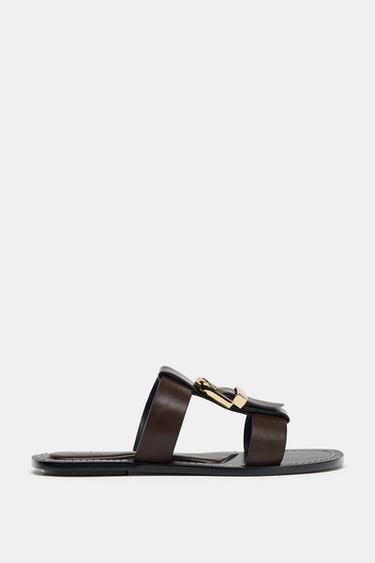 DOUBLE-STRAP FLAT BUCKLE SANDALS - Brown by Zara