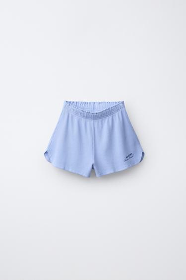 WAFFLE-KNIT BERMUDA SHORTS WITH SLOGAN PRINT - Light blue by Zara