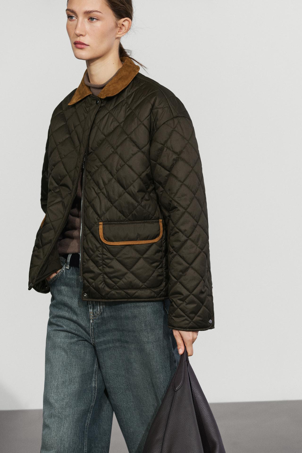 Padded short jacket with leather combination — Mid-turquoise