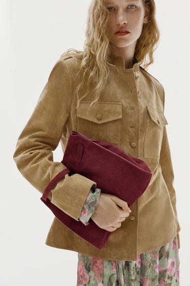 Zara 絨面真皮中型單肩包 - 棕褐色