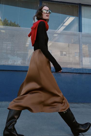 SATIN MIDI SKIRT - Caramel by Zara