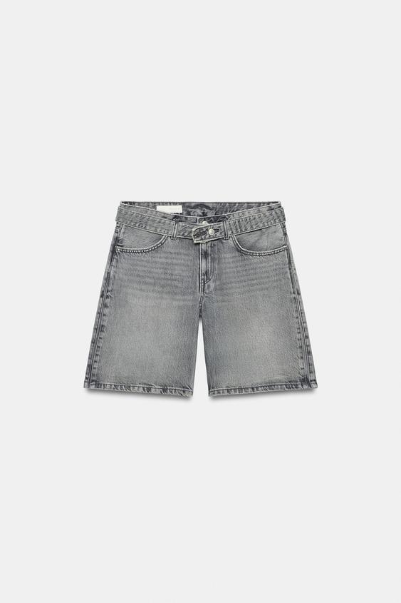 BELTED PLEATED DENIM BERMUDA SHORTS - Grey by Zara - Image 0