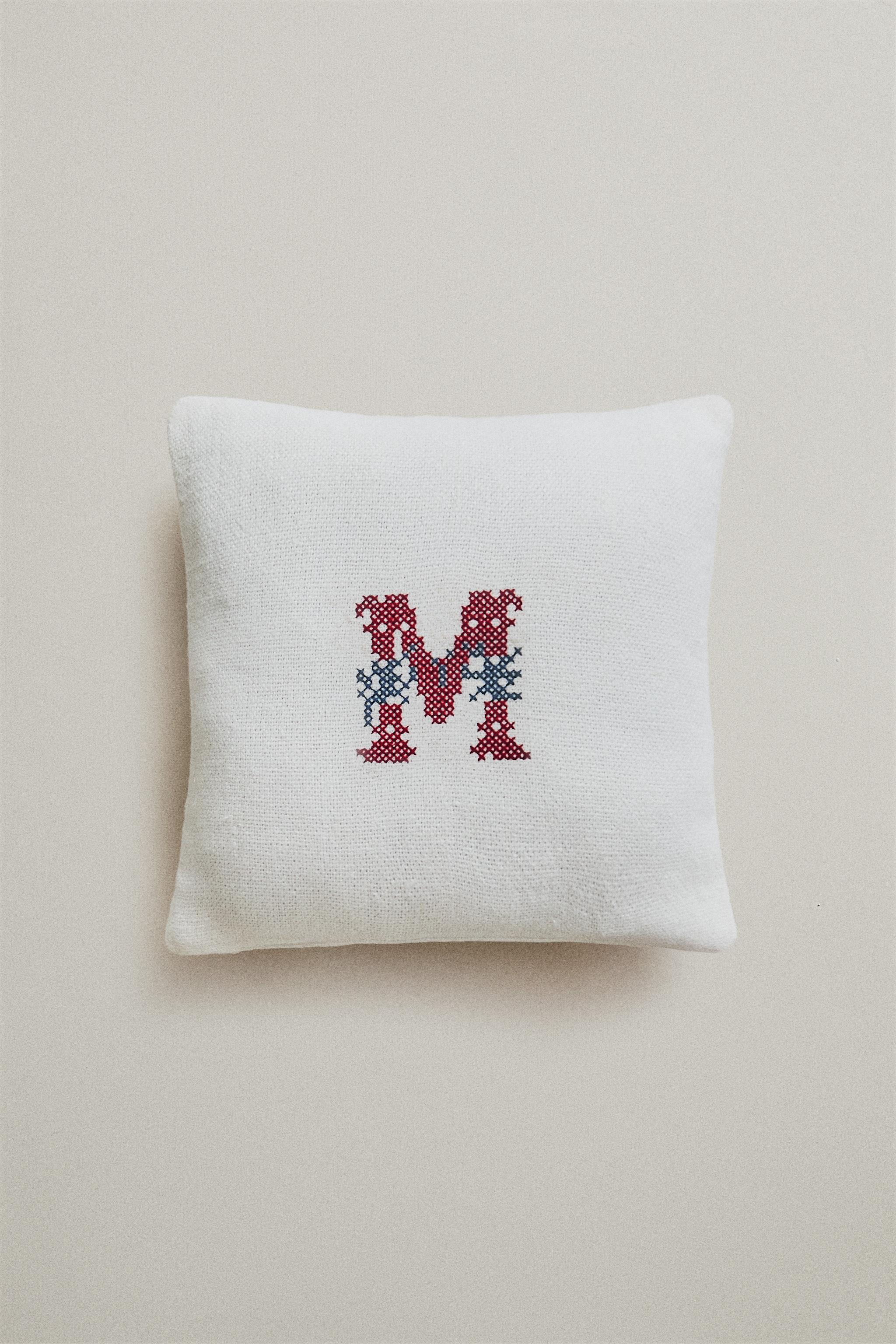 LETTER M EMBROIDERED LINEN CUSHION