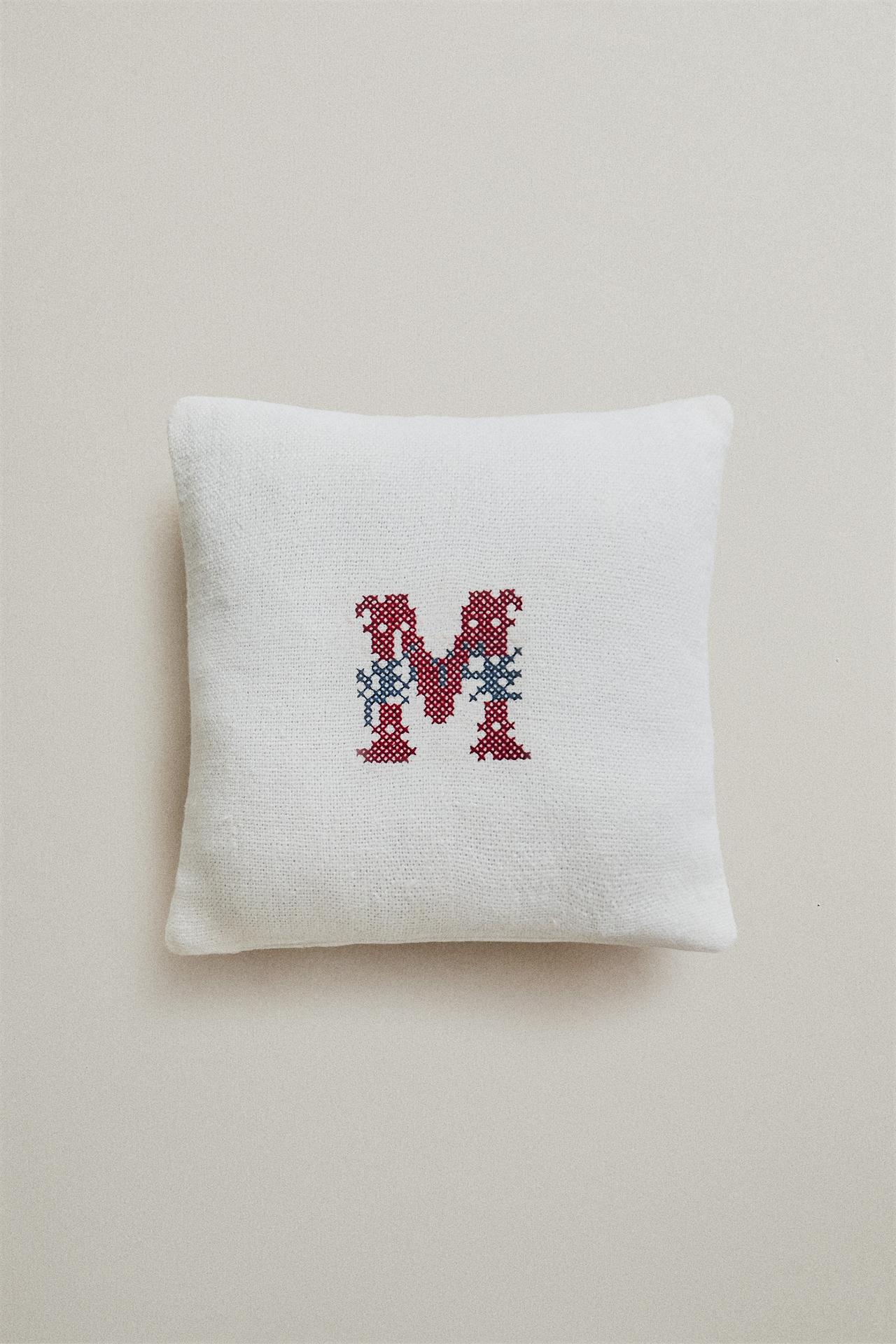 LETTER M EMBROIDERED LINEN CUSHION — Ecru