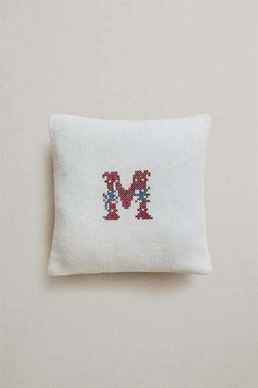LETTER M EMBROIDERED LINEN CUSHION — Ecru 1