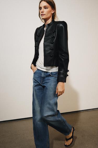 Zara 100% LEATHER FROG FASTENING JACKET ZW COLLECTION - Black