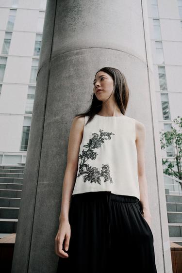 EMBROIDERED FLORAL TIE TOP - Ecru by Zara