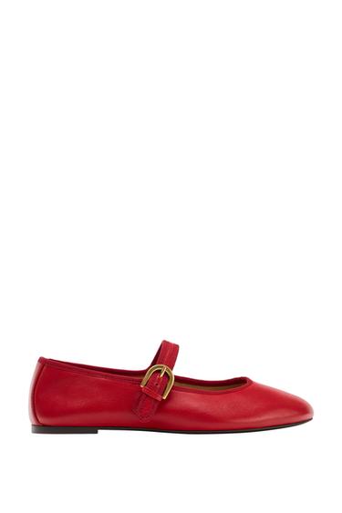 LEATHER BALLERINA FLATS - Red by Zara