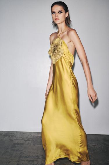 Zara SATIN EFFECT DRESS WITH 3D FLOWER - Olive green