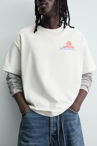 CONTRAST EMBROIDERED PRINT T-SHIRT - Oyster-white by Zara - Image 4