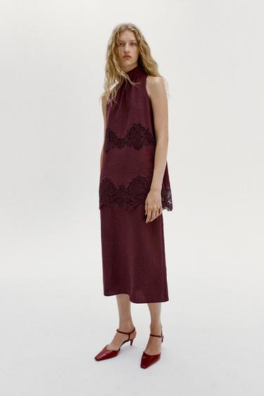 Zara EMBROIDERED HALTER MIDI DRESS - Maroon