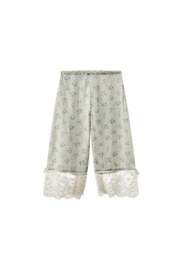 PANTALÓN BOMBACHO ESTAMPADO FLORES ENCAJE - Crudo / Azul de Zara