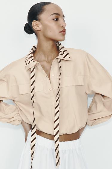 BLUSA DE POPELINA COM GOLA EM CONTRASTE - Camel-claro da Zara