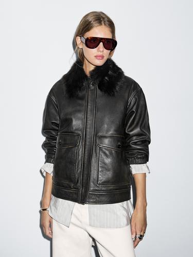 Zara Nappa leather jacket with lambskin collar - Black