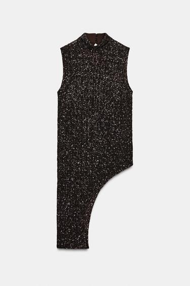 ZW COLLECTION ASYMMETRIC SEQUIN TOP - Brown by Zara