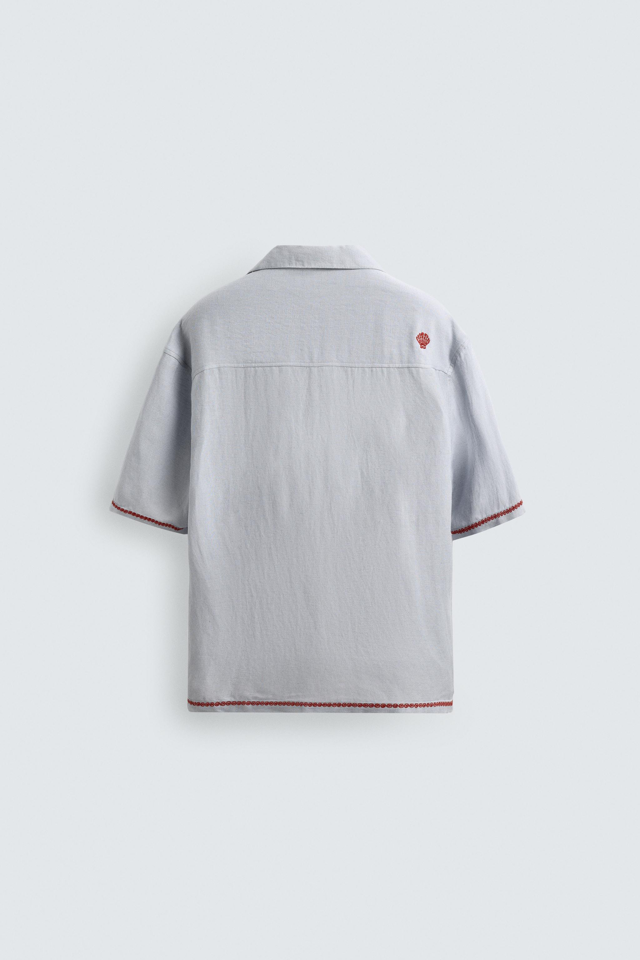 CONTRAST EMBROIDERED VISCOSE - LINEN SHIRT