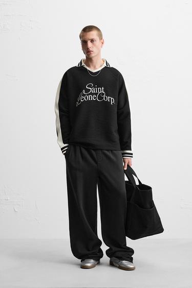 Zara RETRO FOOTBALL TEXTURED SWEATSHIRT - Black - Image 0