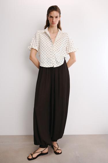 CAMISA MANGA CORTA LAZOS CON RAMIO - Beige-marro de Zara