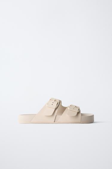 BUCKLED POOL SLIDERS - Ecru White by Zara