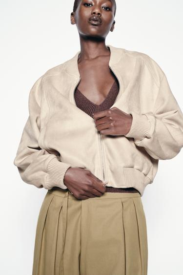 FAUX SUEDE BOMBER JACKET - Ecru by Zara