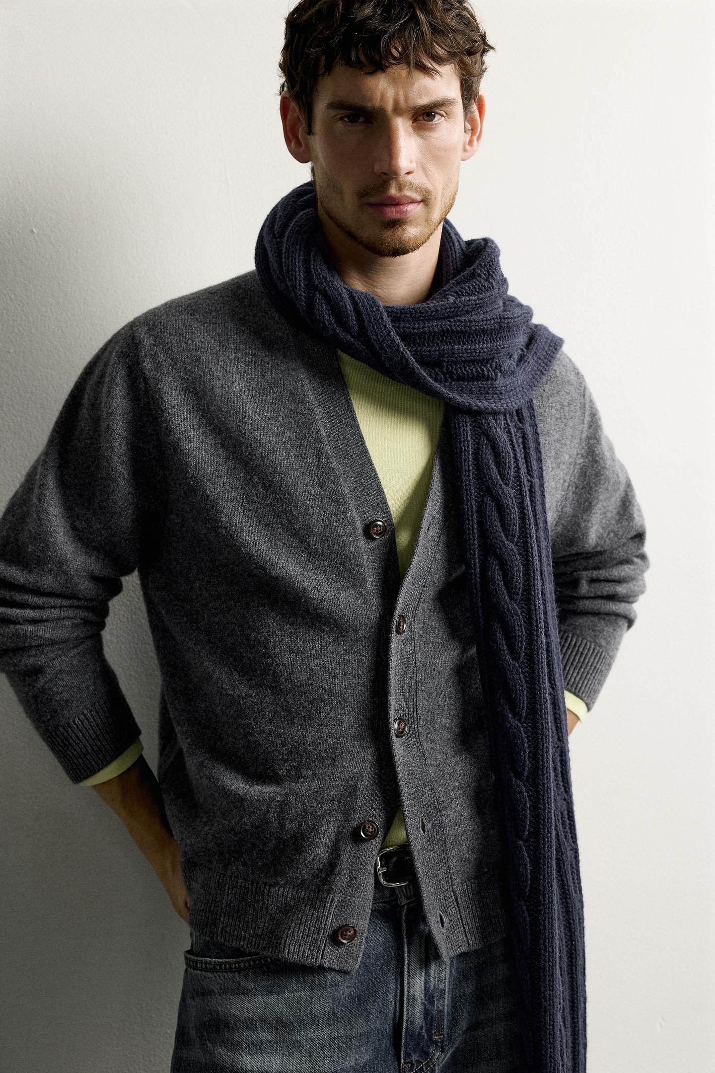 Мужской шарф Zara Wool Blend Cable Knit, цвет: Тёмный тёмно-синий — фото 2