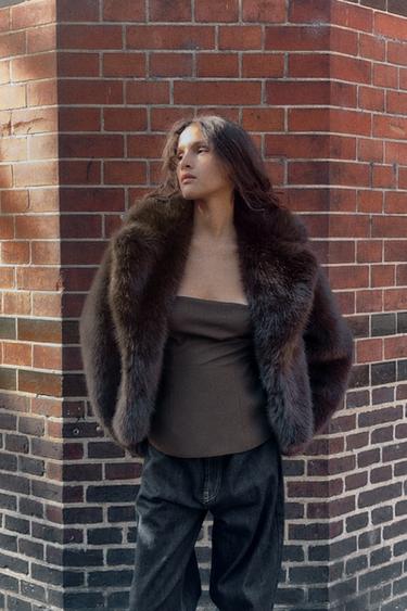 Zara SHORT FAUX FUR COAT - Tobacco
