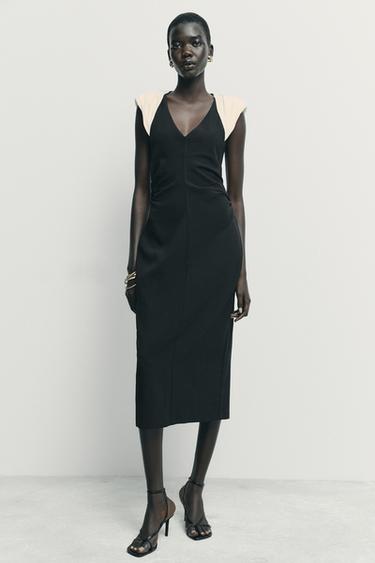 VESTIDO MIDI COMBINADO HOMBRERAS - Negro / Blanco de Zara