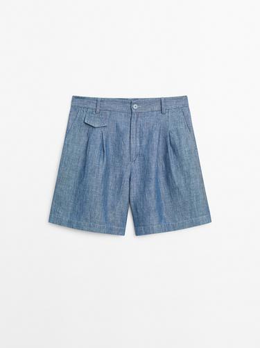 Bermuda detalle bolsillo algodón lino - Azul de Zara