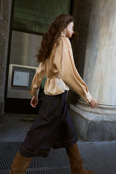 BLOUSE SATINÉE CEINTURE FINE - Beige de Zara - Image 3