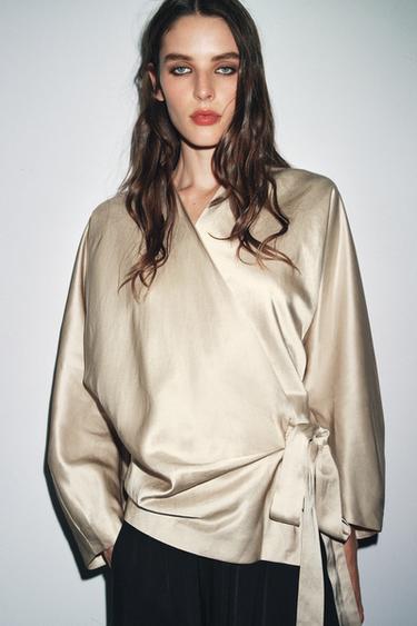 BLOUSE CROISÉE À LACETS AVEC LIN ZW COLLECTION - Beige de Zara - Image 3