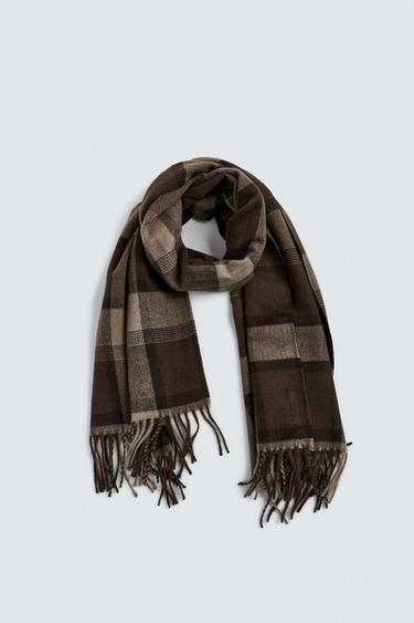 CHECK SCARF WITH FRINGING - Brown by Zara - Image 4