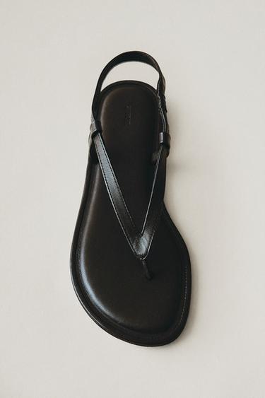 Zara FLAT LEATHER SANDALS - Brown