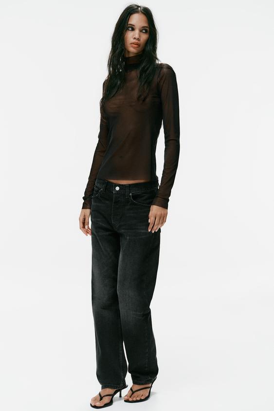 Zara MOCK NECK TULLE TOP - Black - Image 0