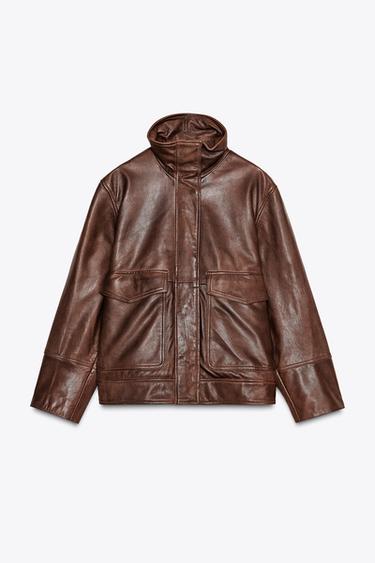 100% LEATHER BOMBER JACKET - ZW COLLECTION LIMITED EDITION - Brown by Zara