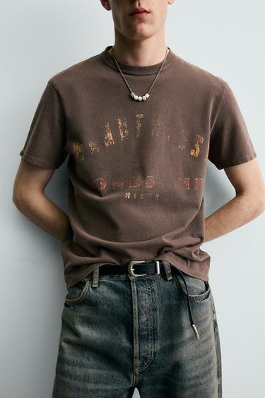 WASHED PRINTED KNIT T-SHIRT - Brown by Zara - Image 4