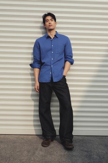 Zara 標準版亞麻棉質襯衫 - 深藍色