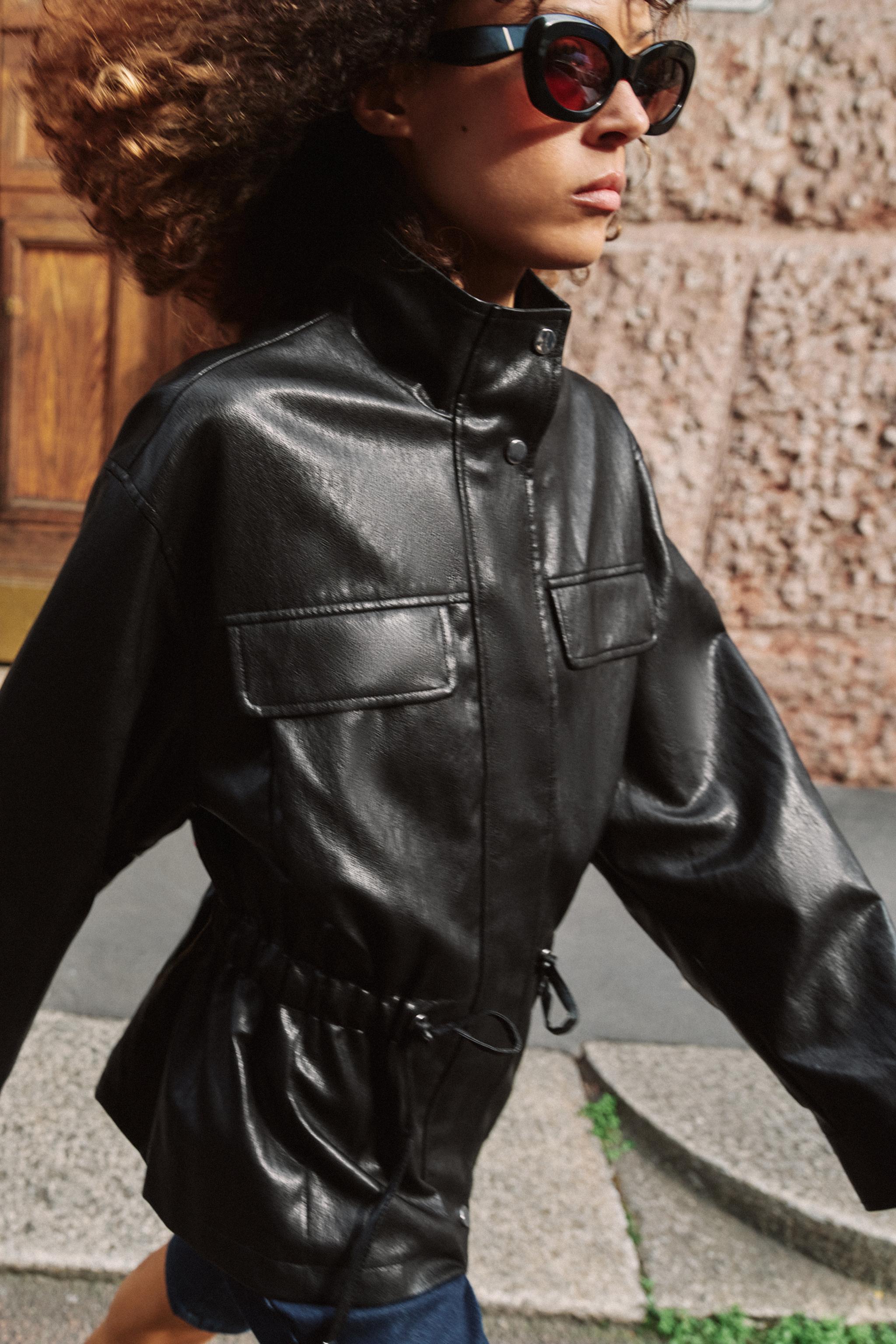 FAUX LEATHER HIGH COLLAR JACKET